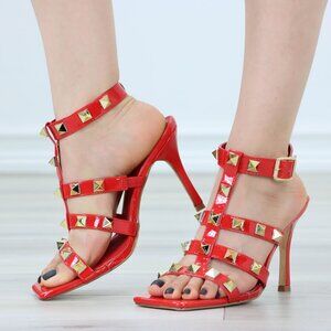 Red Patent Leather Ankle Strap High Heels Sandals Square toe and Gold Studs